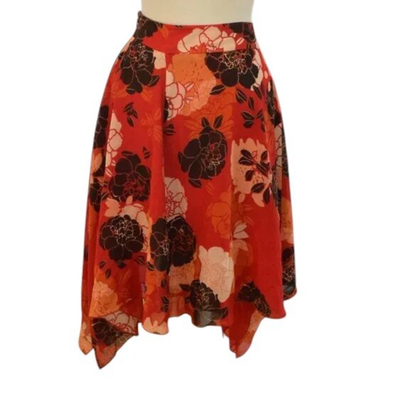 Kenneth Cole Skirt Floral Orange Brown Cream Asymmetrical - Picture 1 of 4